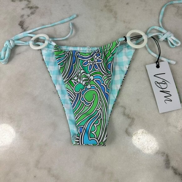 Revolve VDM Marley Reversible Ocean Swirl Blue Gingham Bikini Bottom XSmall - Picture 5 of 11